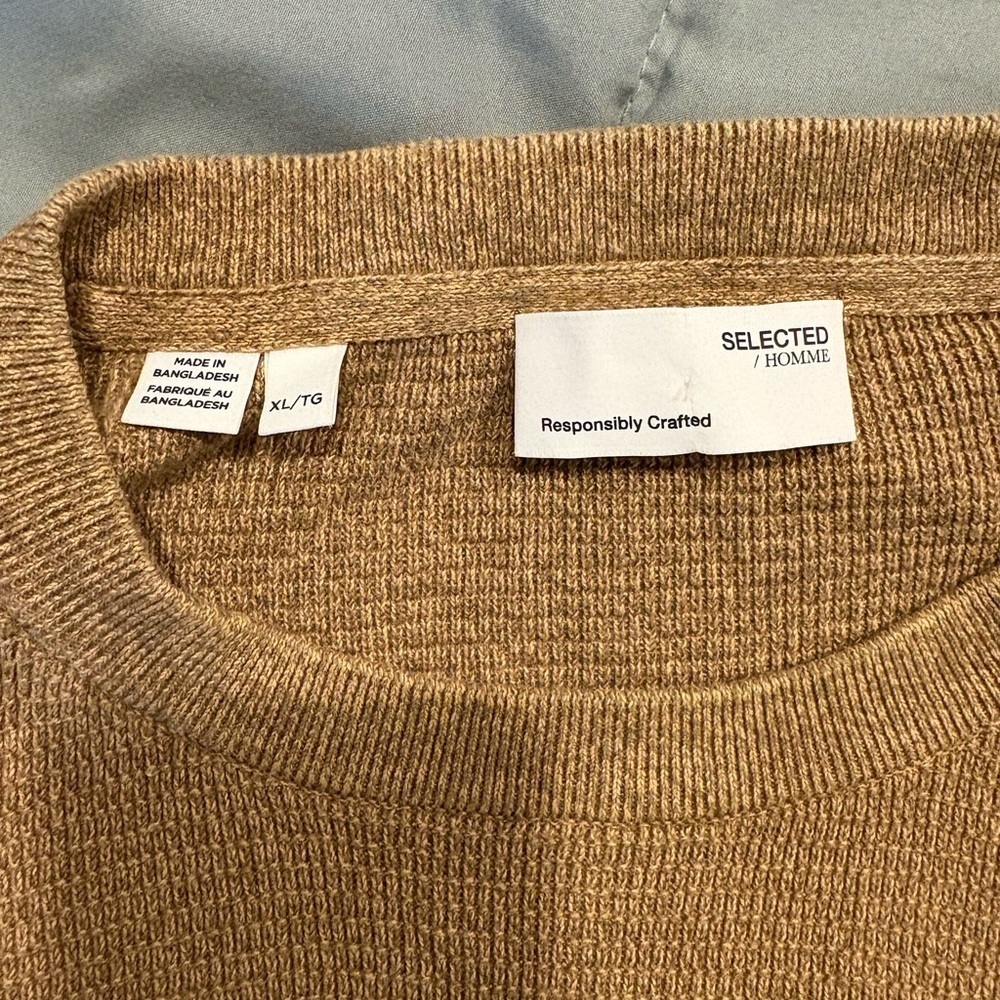 Selected Homme 100% Organic Cotton Men’s Tan Quilted Crewneck Size XL - Picture 7 of 7